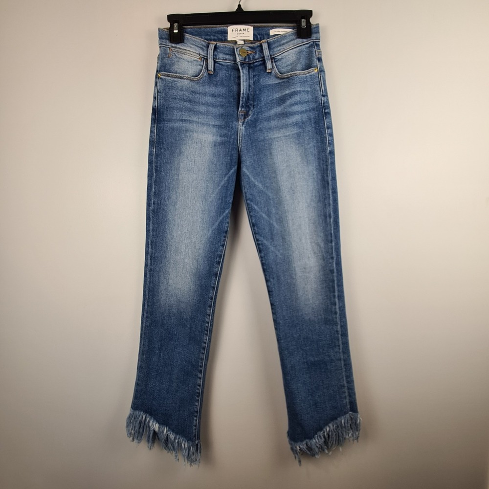 Frame‎ Le High Straight Leg Frayed Hem Jeans Size 25 Josie Medium Wash Denim Zip
